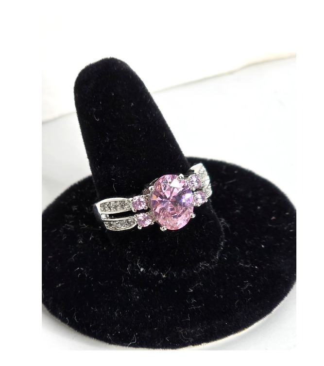 Beautiful Ring Silver with Pink Topaz CZ Clusters Size 9