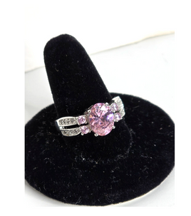 Beautiful Ring Silver with Pink Topaz CZ Clusters Size 9