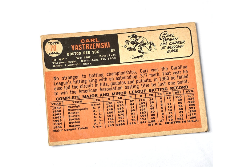 Carl Yastrzemski Red Sox Baseball Card 1966 Topps No. 70