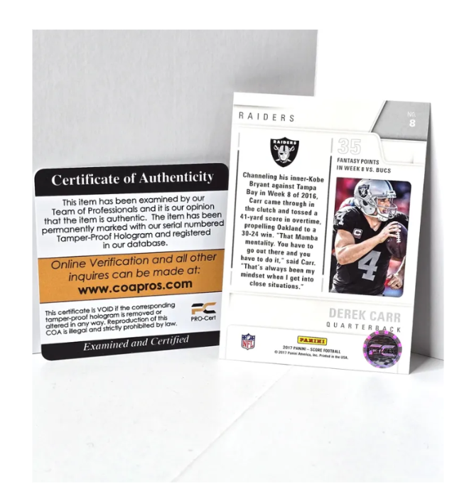 Derek Carr Autograph Football Card 2017 Panini