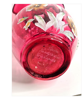 Fenton Country Cranberry Art Glass Pitcher Signed by Artist Jo Reynolds