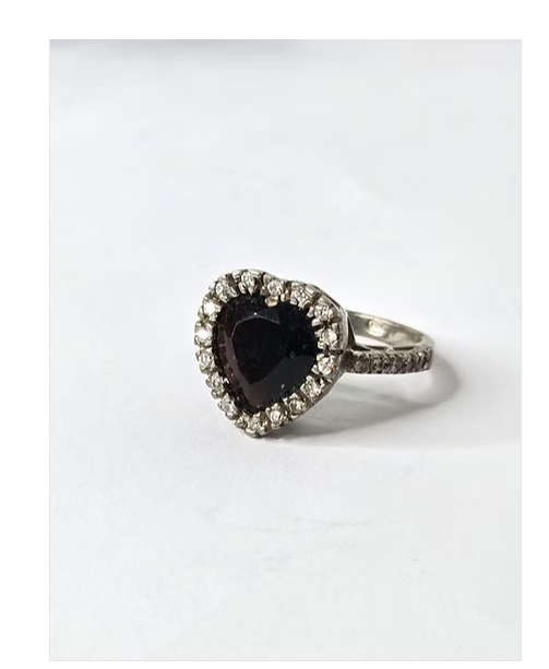 Heart Shaped Cognac Mali Garnet Ring Sterling Silver with Real Diamond Clusters