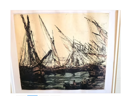 French Ships Fishing Boats Art Lithography from Louvre Museum in France