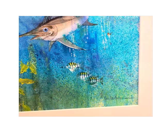 Sea Creatures Painting Ink and Gouache Signed by Artist