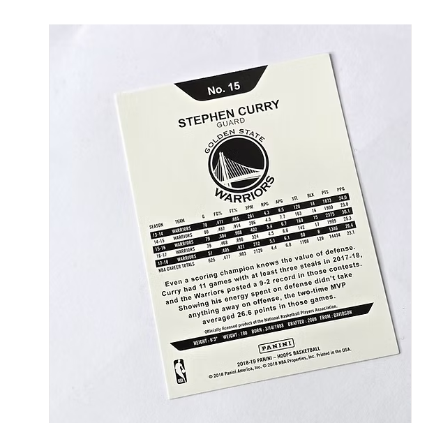 Stephen Curry NBA Basketball Card 2018-19 Panini Hoops No. 15