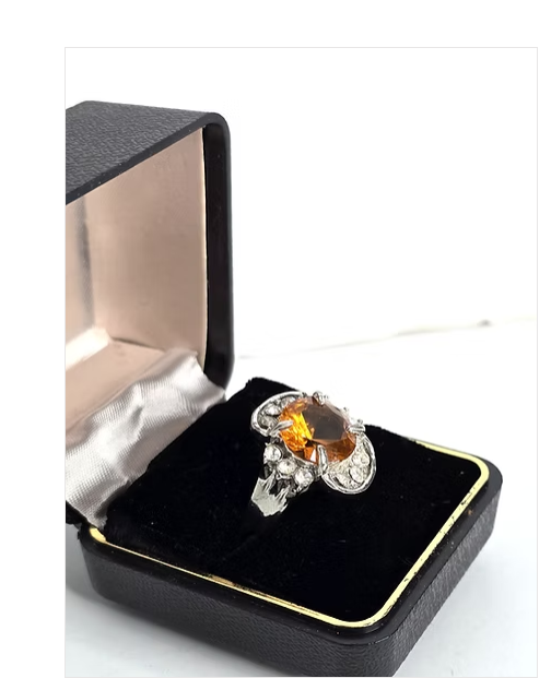 Vintage Sterling Silver Citrine Ring with CZ Clusters