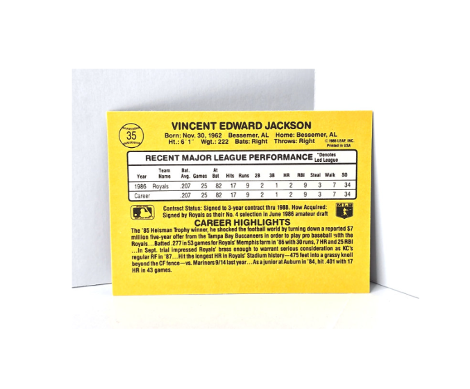 Bo Jackson Rookie Baseball Card 1986 Leaf Donruss