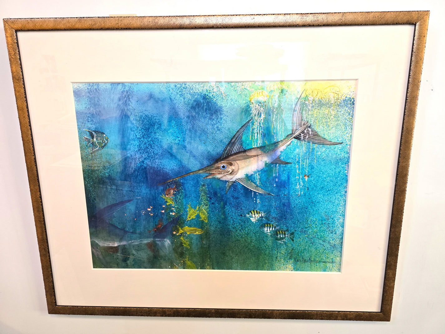 Sea Creatures Painting Ink and Gouache Signed by Artist