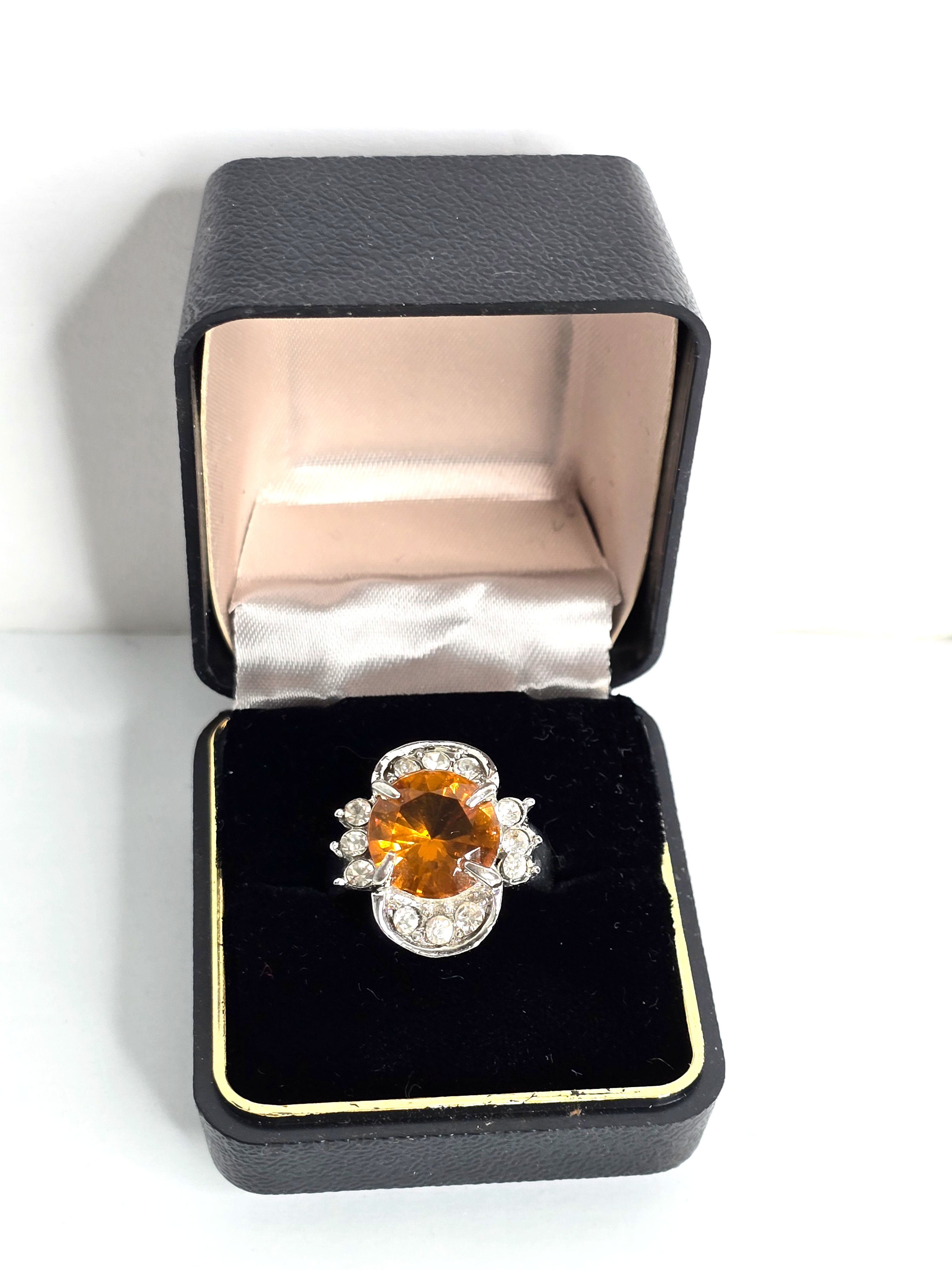 Vintage Sterling Silver Citrine Ring with CZ Clusters