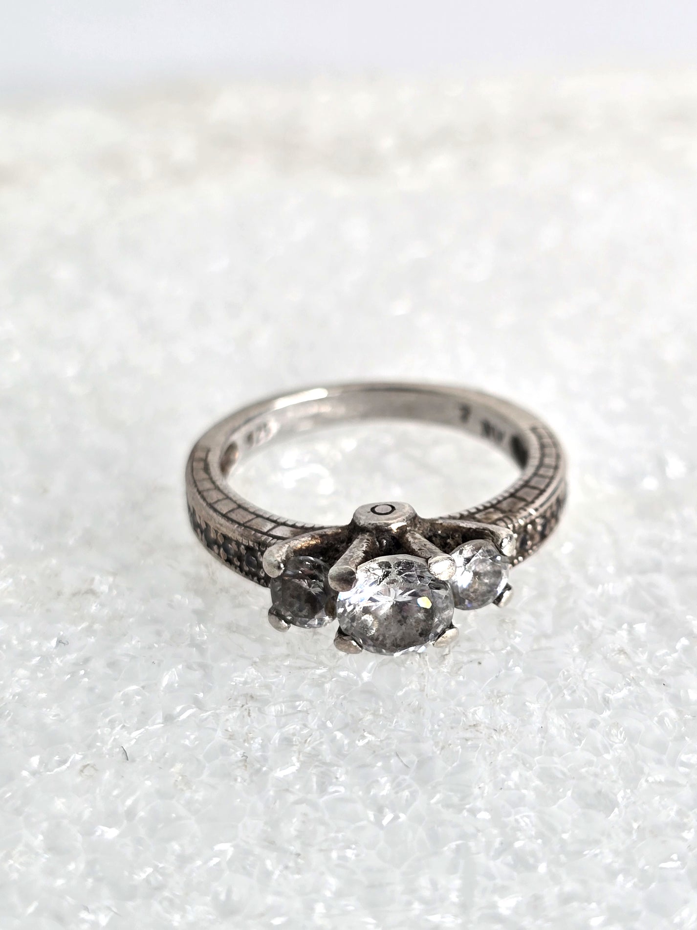 Vintage Sterling Silver Ring Three Diamonds