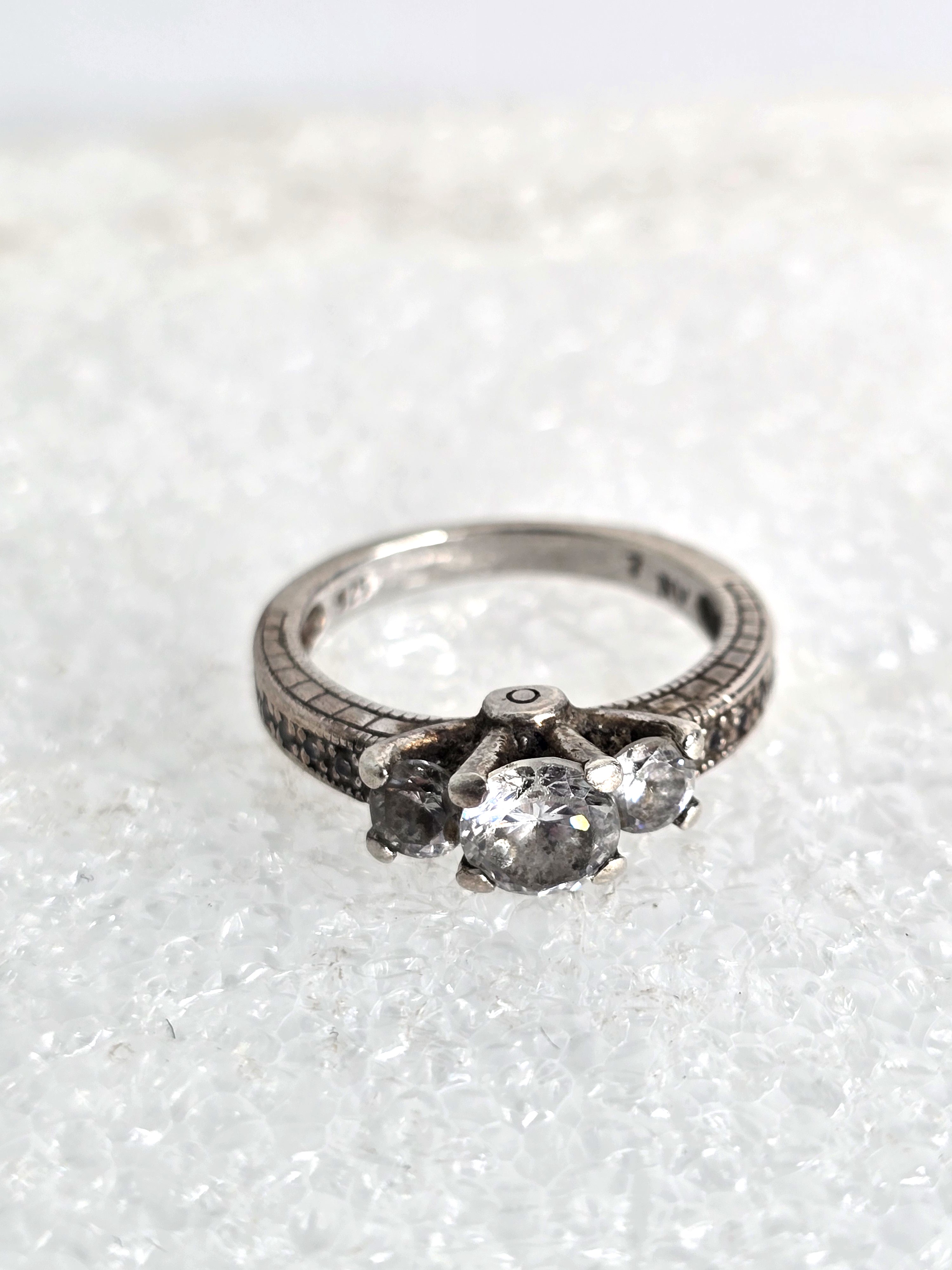 Vintage Sterling Silver Ring Three Diamond Set