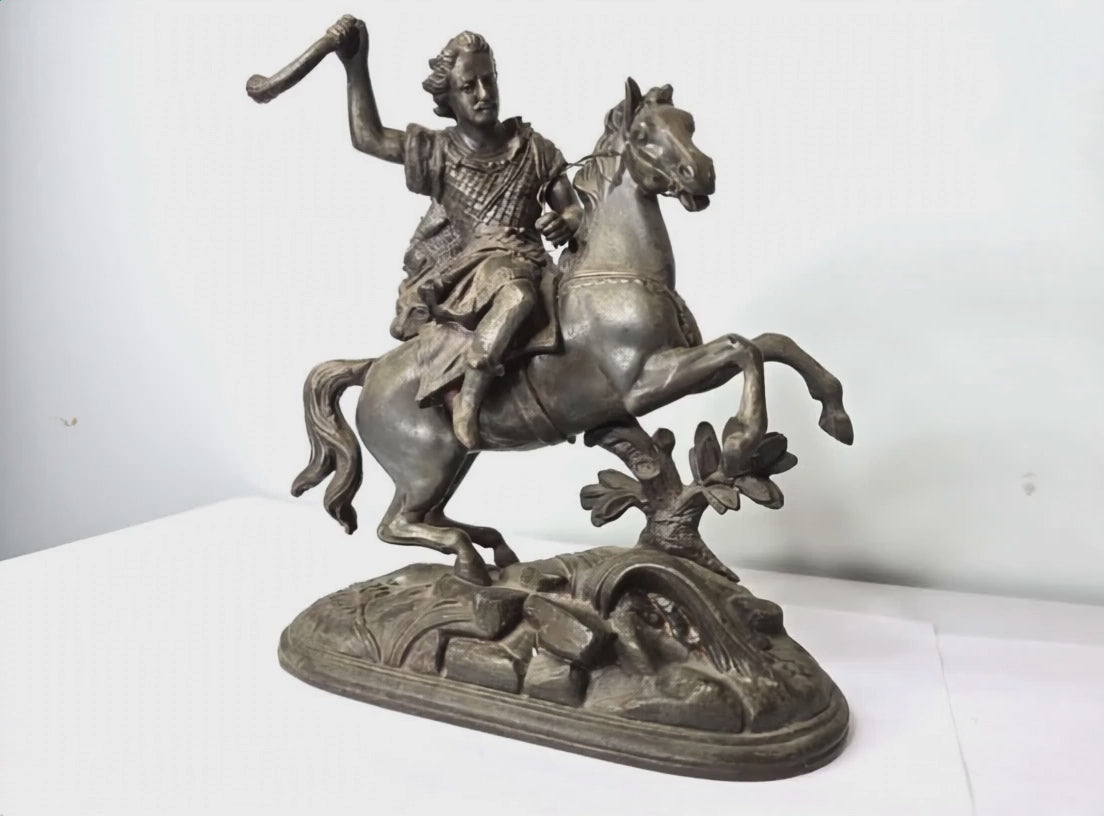 Antique Spanish Conquistador Statue Metal with Sword Lion Cape