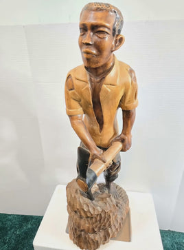 African Art Sculpture Handmade Wood Man Gold Mining Signed Louis Cherry